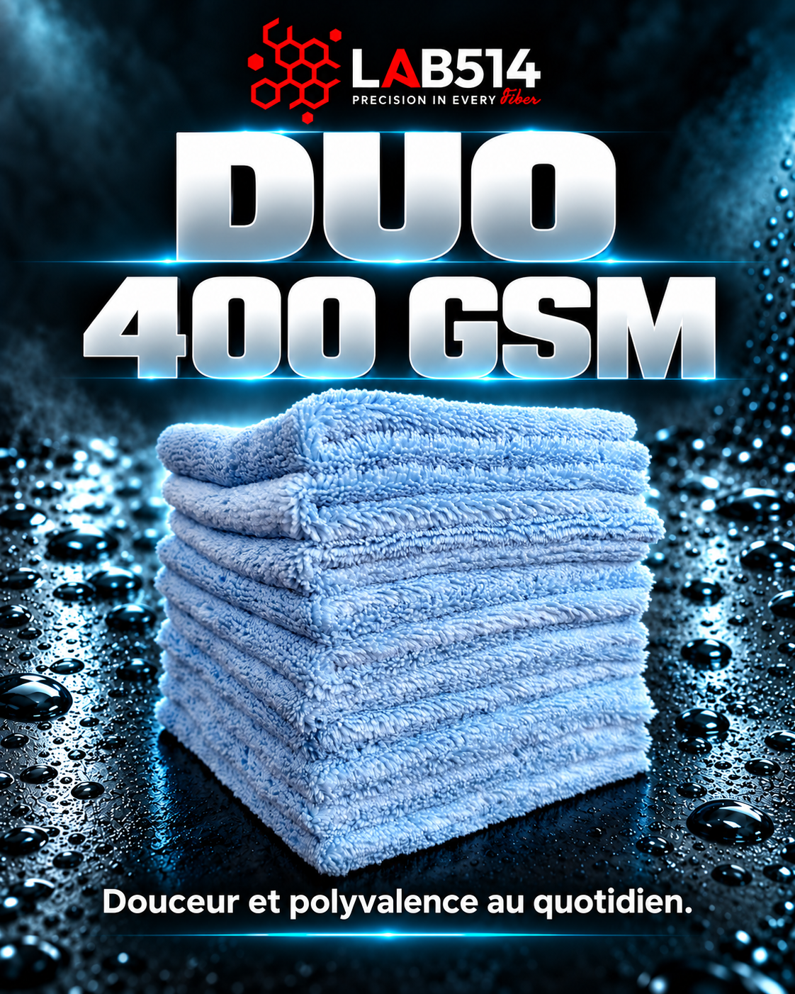 Microfibre DUO 400GSM bleu clair LAB514, présentée pliée avec sa face à poils longs visible.