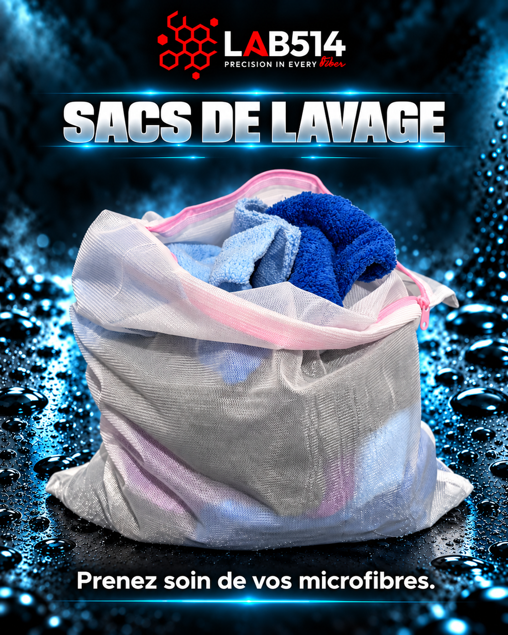 Sacs de lavage PROTECT WASH BAG LAB514 en filet blanc, ouvert et rempli de microfibres.