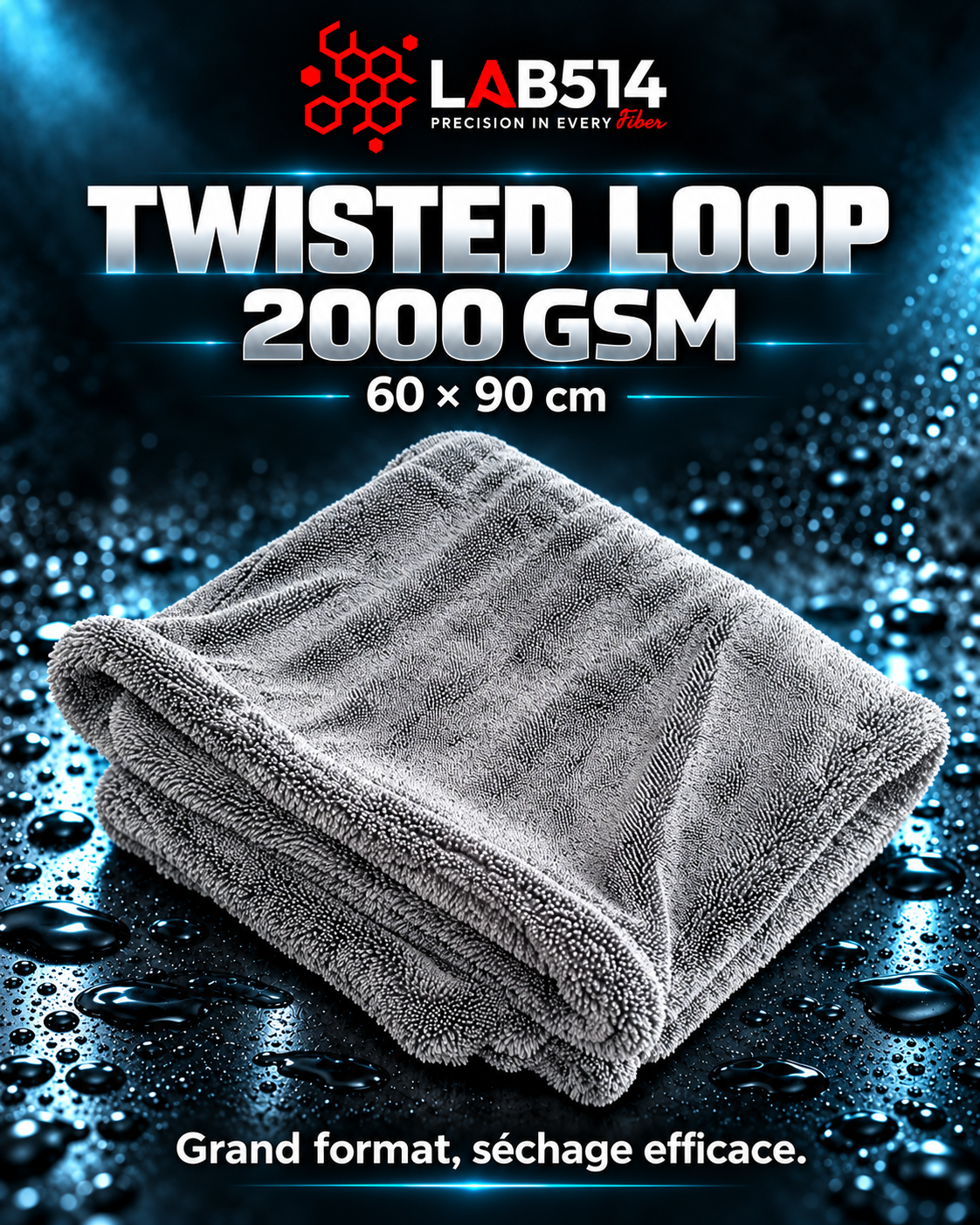 Serviette Microfibre de séchage Twisted Loop 2000GSM LAB514, grise, format 60x90 cm.