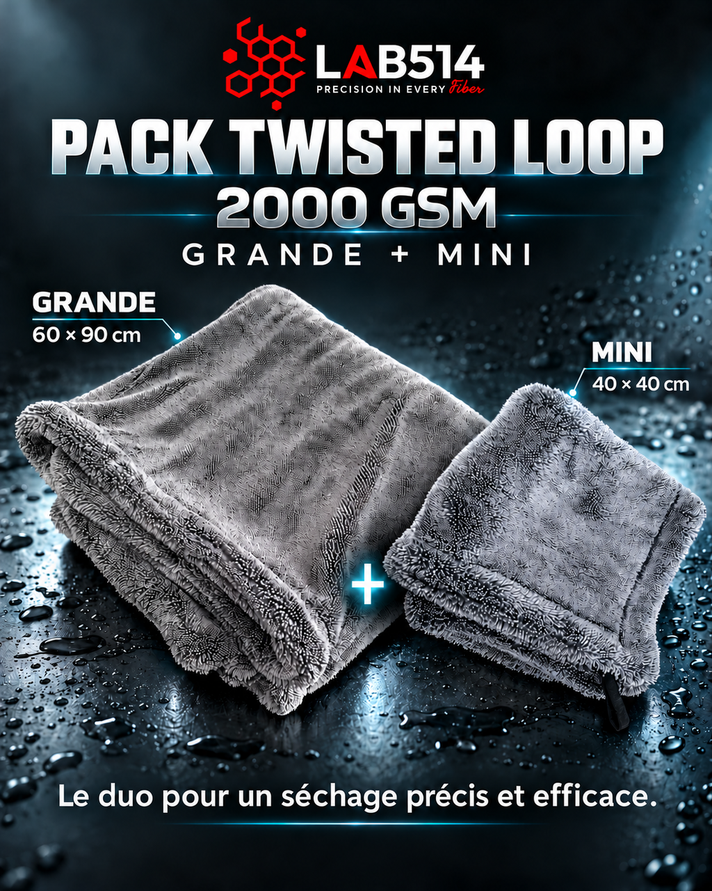 Serviette Microfibre de séchage Twisted Loop 2000GSM LAB514, grise, format 60x90 & 40x40 cm.