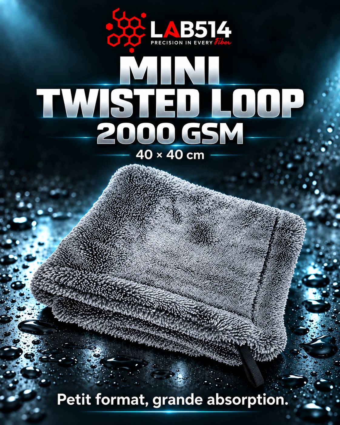 Serviette Microfibre de séchage Mini Twisted Loop 2000GSM LAB514, grise, format 40X40 cm.