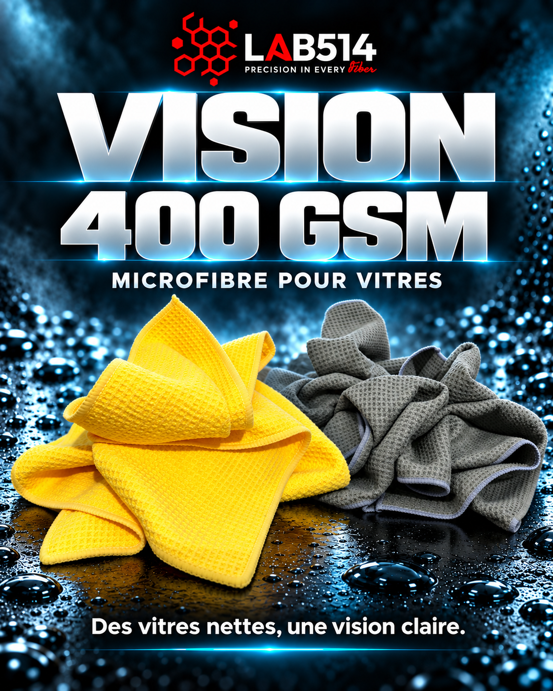 Microfibre VISION 400GSM LAB514 pour vitres, avec sa texture gaufrée en nid d’abeille.
